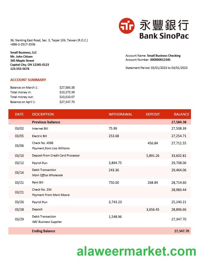 Bank Sinopac enterprise account statement Word and PDF template